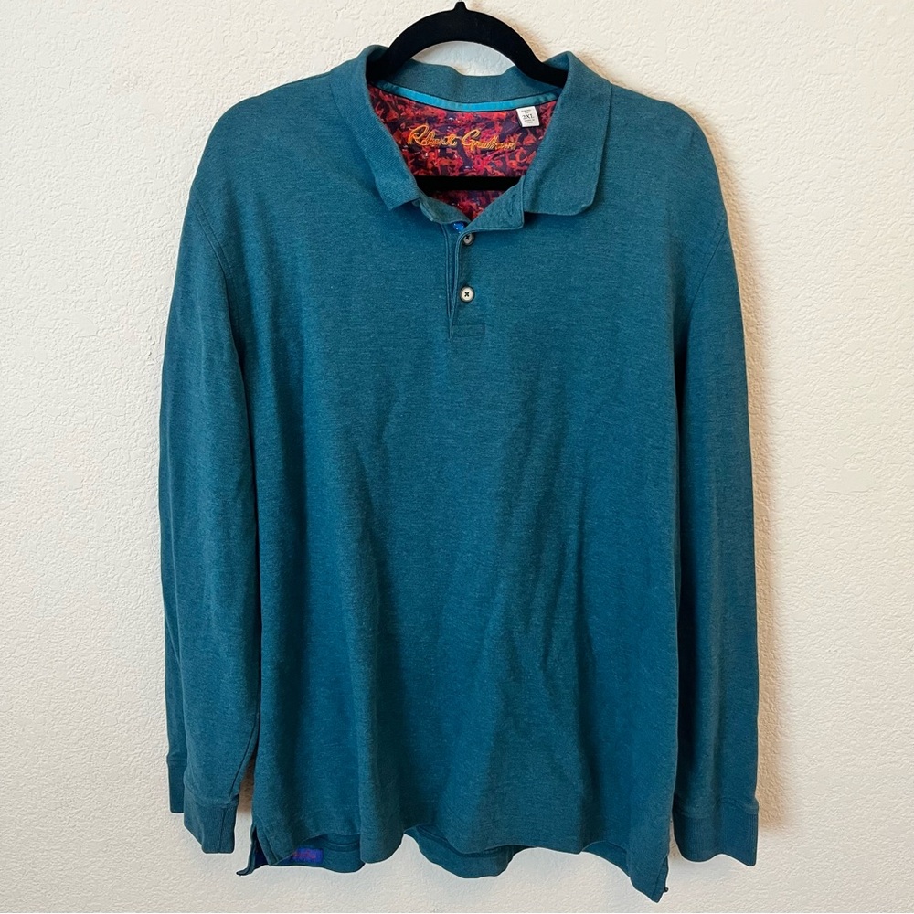 Robert Graham Aherne Heather Teal‎ Cotton Long Sleeve Polo Shirt Size 2XL